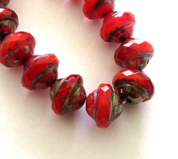 15 faceted Czech glass saturn or saucer beads - translucent red with a silver picasso finish - 8mm x 10mm - C00971