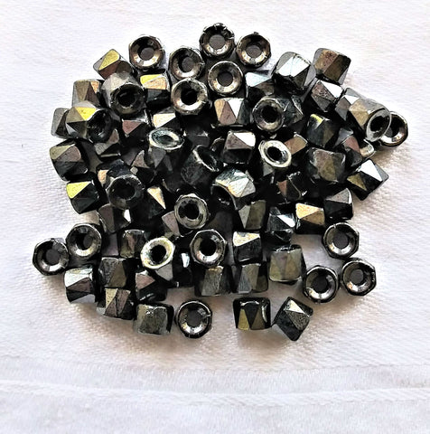 Lot of 50 6mm Czech glass hematite metallic gray faceted pony or roller beads - large hole crow beads C77101