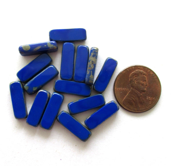 Czech glass rectangle tube beads - opaque royal blue w/ a Picasso finish along the edges - table cut beads - 15 x 5mm - 15 pieces - C00831