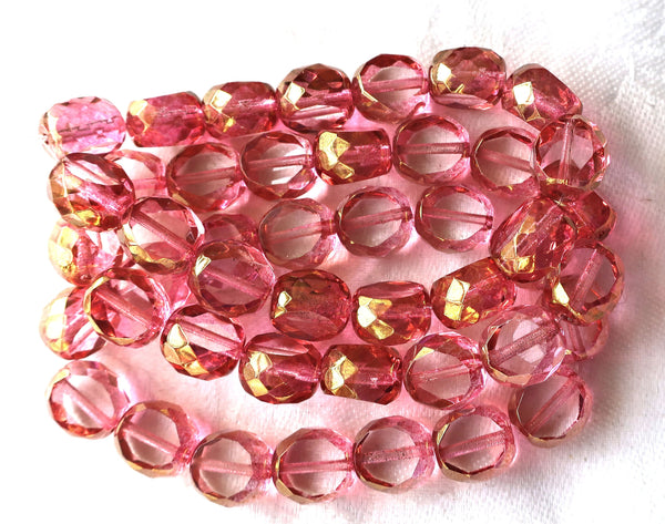 Five 12mm round, faceted. table cut Czech glass beads, pink & gold picasso window beads,, chunky statement , focal beads 611101