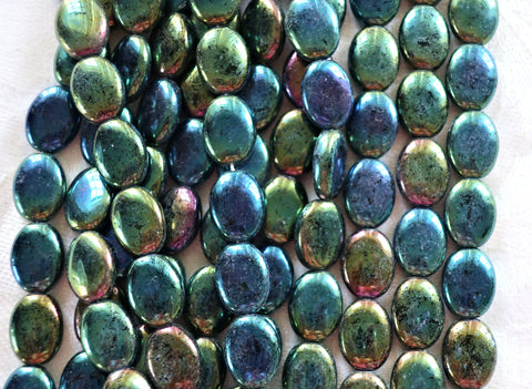 25 Green Iris flat oval Czech Glass beads, 12mm x 9mm pressed glass beads C0004