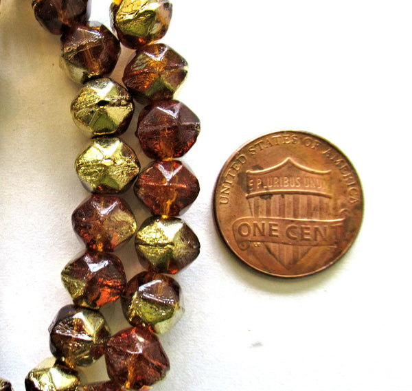 20 8mm Czech glass faceted English cut beads - topaz brown & gold beads - C00411