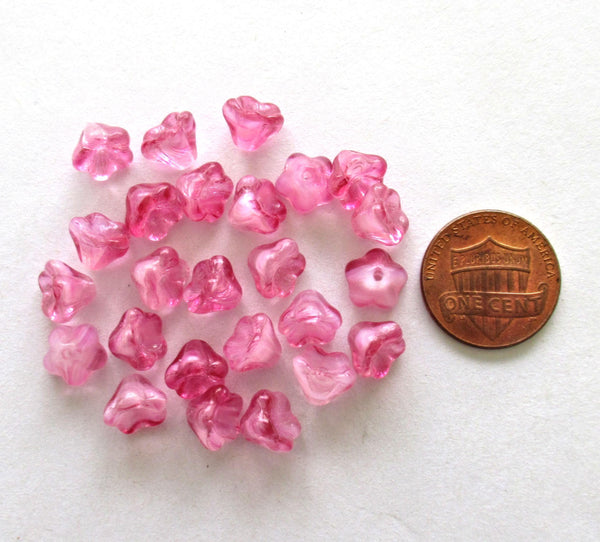 25 Czech glass bell flower beads - Pink with white hearts - pressed glass bellflower beads - 8 x 6mm - C00057