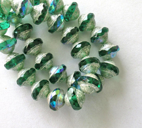 Fifteen Czech glass faceted saturn / saucer beads - 8 x 10mm - emerald green ab with antique silver picasso accents - C00081