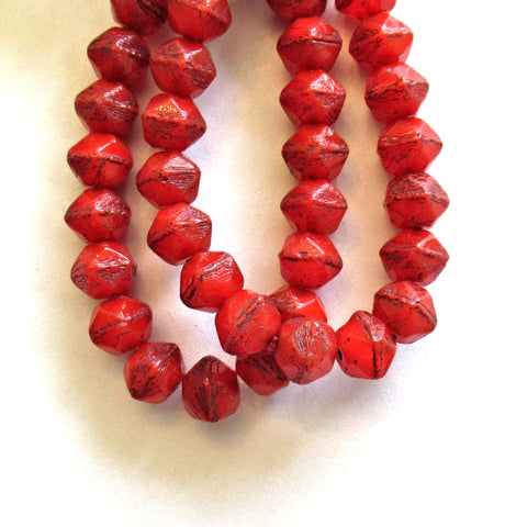 20 8mm Czech glass faceted English cut beads - opaque red picasso rustic earthy beads - C00411