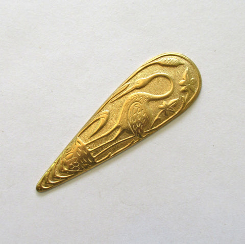 1 art deco / nouveau bird brass stamping - oval with stork pendant - connector - earring - 2.75" by .87" inches- made in the USA C0088