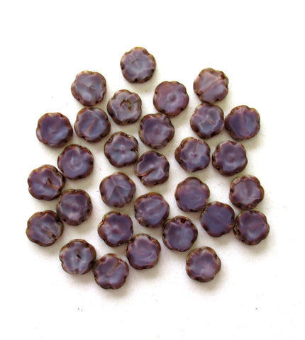 Czech glass flower beads - marbled silky purple or amethyst picasso flowers - 10mm table cut beads - 10 pieces - C00101