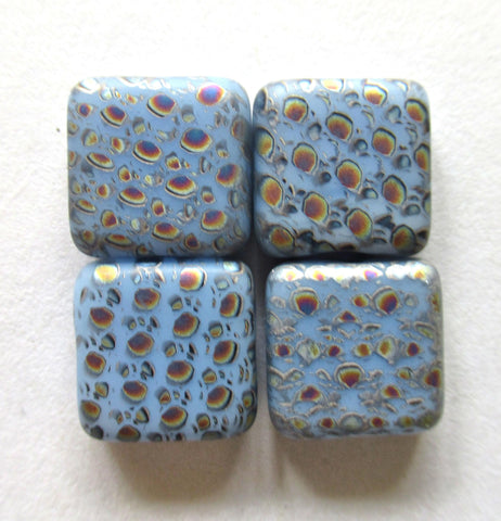 Ten 11mm Czech glass square peacock beads - opaque light blue laser etched beads with an iridescent abstract pattern C00651