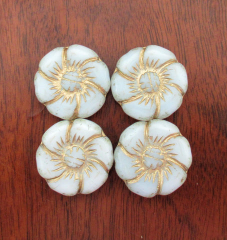 Two large 22mm Czech glass flower beads - opaque white beads with gold accents - pressed focal or statement beads - 00011