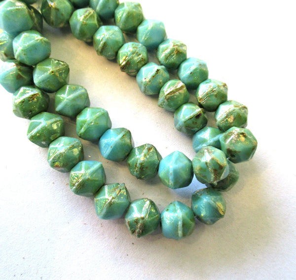 20 8mm Czech glass faceted English cut beads - turquoise blue green beads with a picasso finish - C00031