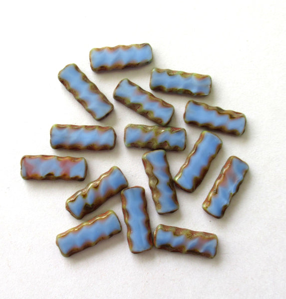 Czech glass rectangle tube beads - blue picasso beads - serrated edges - long flat table cut beads - 17 x 7mm - 15 pieces - C00051