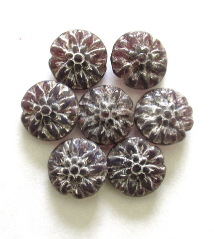 Five Czech glass Dahlia flower beads - 14mm translucent amethyst floral coin beads with silver accents - C0056