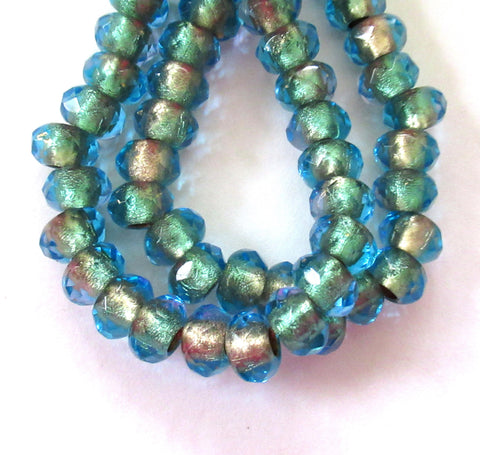 Ten faceted Czech glass roller or rondelle beads - blue gold lined - 9 x 6mm - big 3mm holes - big hole donut beads 00911