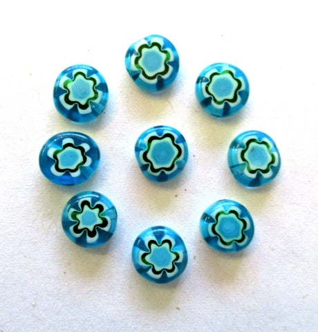 Ten 8mm cane or millefiori glass beads - aqua blue green and white coin or disc beads - C0083