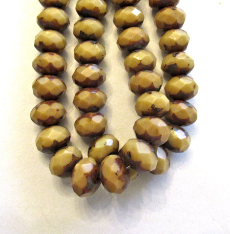 25 6 x 8mm Czech glass faceted puffy rondelles - opaque light brown or beige picasso rondelles 400362