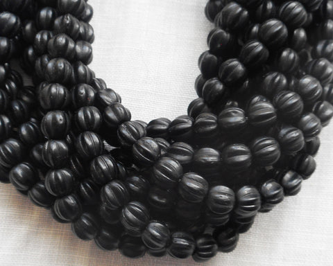 Fifty 5mm Matte Jet Black glass melon beads, Czech pressed glass beads C0950