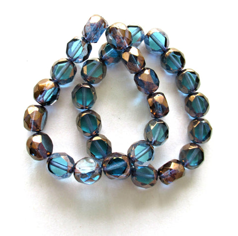 Dual faceted Czech glass beads - 8mm - blue with bronze accents - 2 cut table cut fire polished - thick window beads - 10 pcs - 0079