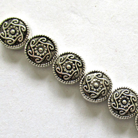 Antique Tibetan style - silver tone metal alloy beads - 10mm ornate coin beads - 20 pieces - C0098