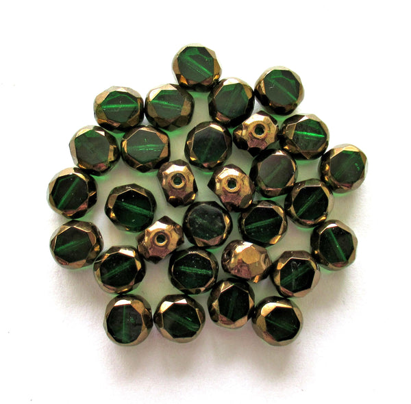 Dual faceted Czech glass beads - 8mm - emerald green with bronze accents - 2 cut - table cut - thick window beads - 10 pcs - 00051