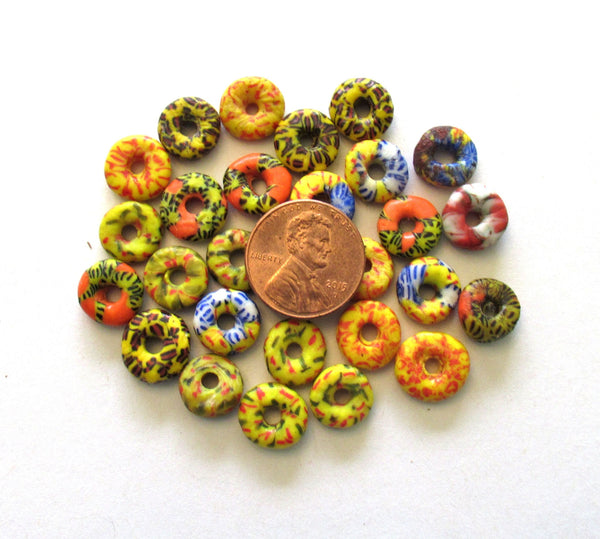 15 African recycled glass spacer beads - bright color mix - 11mm by 4mm thick - 2mm big hole, rustic, earthy beads 00521