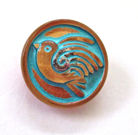 One 18mm Czech glass bird button - Golden brown with a turquoise wash - decorative shank buttons - 000572