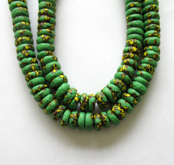 15 African recycled glass rondelle spacer beads - green yellow & black beads - 10 to 11mm by 3.5mm thick - big hole - rustic beads - 00241