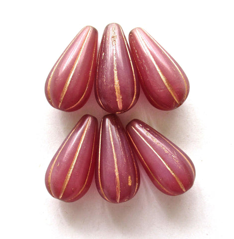 Six large Czech glass teardrop melon beads - milky pink opal w/ copper accents - 22 x 11mm tear drops 00391