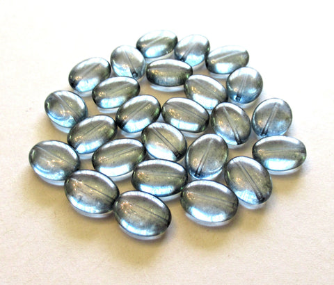 25 Czech Glass flat oval beads - lumi blue 12mm x 9mm pressed glass beads C0095