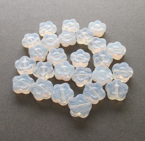 25 10mm Milky White Czech glass flower beads - pressed glass white floral beads - C0066