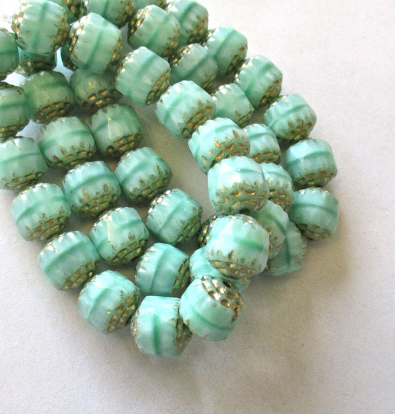 Fifteen 8mm Czech glass cathedral beads - opaque mint green silk w/ gold picasso accents - faceted fire polished antique cut beads C00522