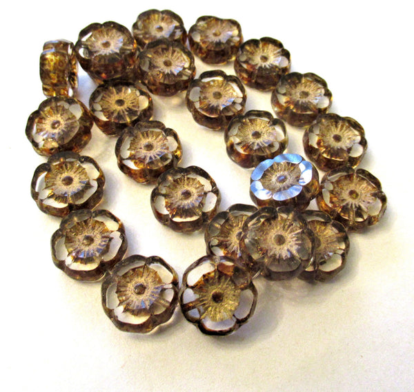 12 Czech glass flower beads - 12mm table cut - carved - crystal clear with a picasso accents - Hawaiian hibiscus floral beads C00391