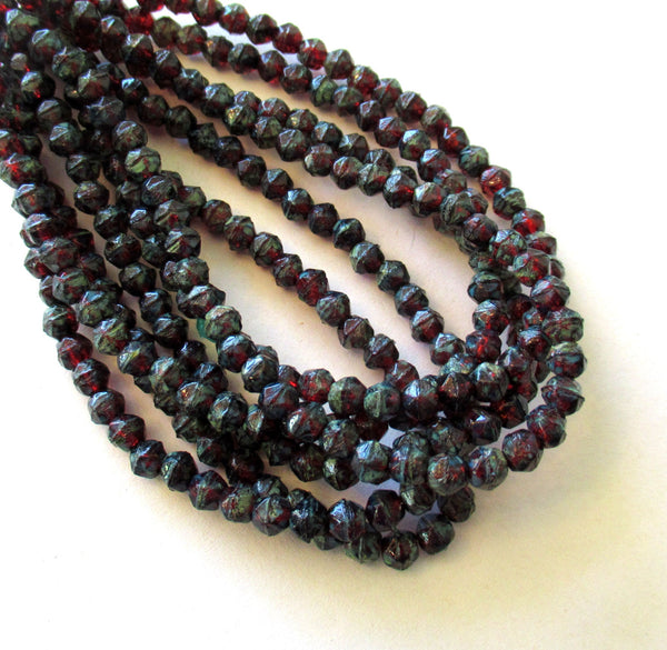 50 4mm Czech glass English cut faceted beads - garnet red beads with a full picasso coat - C0029