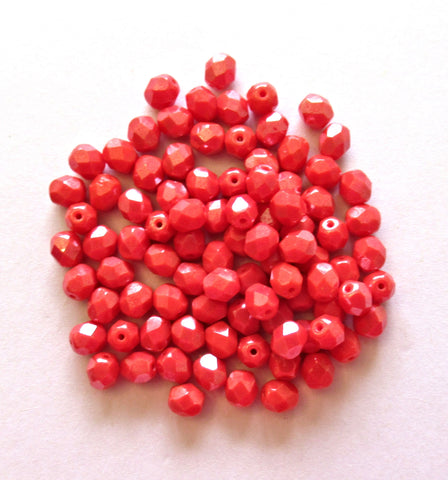 25 6mm Czech glass beads - Coral or orange Shimmer - fire polished faceted round beads C0015