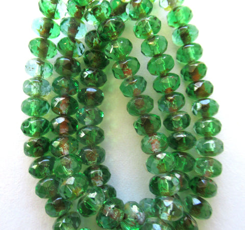 Lot of 30 small 3 x 5mm Czech glass puffy rondelle beads - transparent green & blue picasso faceted, fire polished puffy rondelles 0089