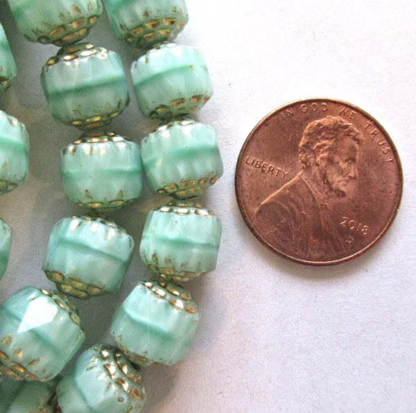 Fifteen 8mm Czech glass cathedral beads - opaque mint green silk w/ gold picasso accents - faceted fire polished antique cut beads C00522