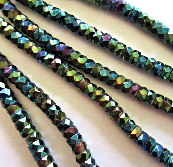 Fifty 6 x 3mm Czech glass faceted rondelle beads - green iris spacer beads - spacers or rondelles - C0048