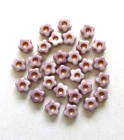 Czech glass flower or star beads - 11mm - opaque light amethyst purple / lavender beads with copper accents - 15 pieces - C00831