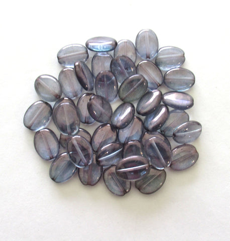 25 Czech glass flat oval beads - lumi blue beads with a light Iridescent purple finish - 12mm x 9mm pressed glass beads C0076