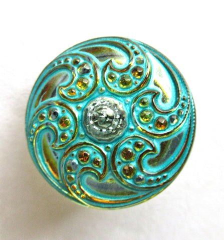 One 18mm Czech glass button - orange w/ rhinestone and a turquoise wash- fancy pattern decorative shank button 00052