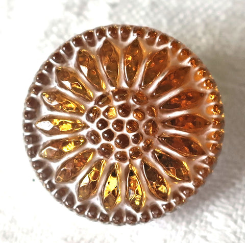 One 18mm Czech glass flower button, gold amber sunflower with a white wash, decorative floral shank buttons 52201