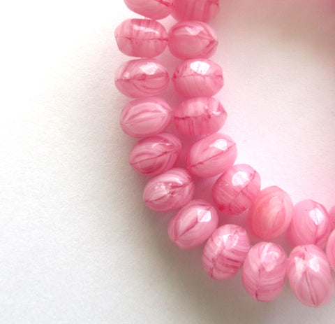 Lot of 25 Czech glass faceted puffy rondelle beads - 5 x 7mm pink & white marbled mix rondelles C00612