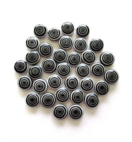 Ten 10mm glass coin beads - black and white disc beads - target or concentric circles beads - C0001