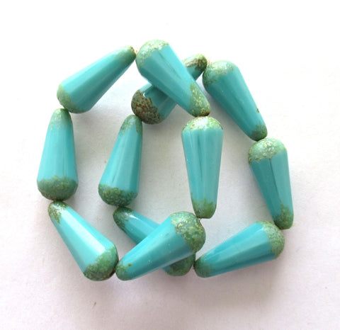 Six Czech glass long faceted teardrop beads - opaque turquoise blue w/ picasso accents - 9 x 20mm elongated tear drops 00542