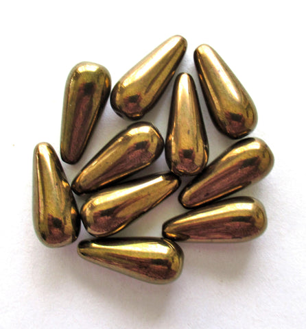 Six large Czech glass teardrop beads - bronze 9 x 20mm drop beads 00018