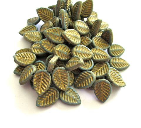 Ten large Czech glass leaf beads - side drilled etched turquoise blue green beads with a gold wash - 12 x 16mm carved beads C00831