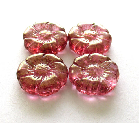 Two large 22mm Czech glass flower beads - pink beads with a gold luster finish - pressed focal or statement beads - 00011