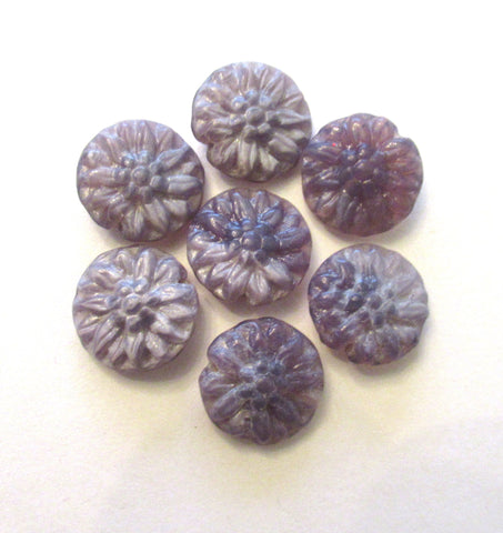 Five Czech glass Dahlia flower beads - 14mm translucent light and dark purple lavender amethyst floral coin beads C0037