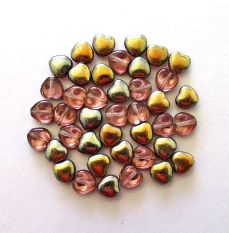 lot of 25 Czech glass heart beads - 8mm pink & gold beads - 0029