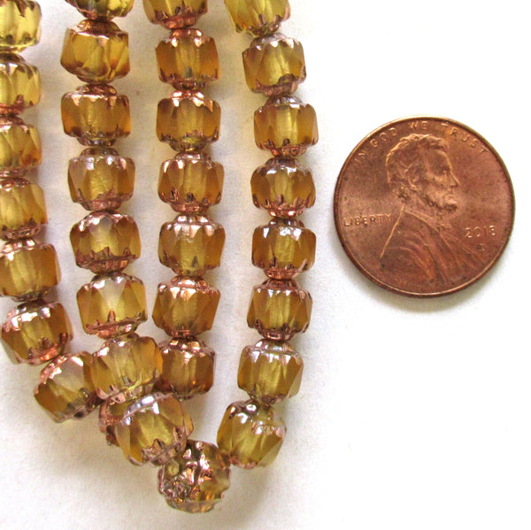 20 6mm Czech glass antique cut cathedral beads - light topaz w/ copper picasso accents - faceted fire polished beads - C00611