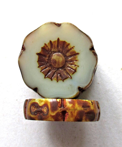 Two large 20mm Czech glass flower beads - marbled white picasso beads - table cut Hawaiian hibiscus focal or statement beads - 00061